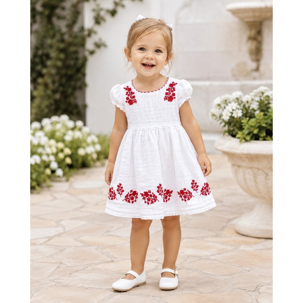 Artisany Baby Girl 24M White Red Embroidered Cotton Dress Open Back NWOT